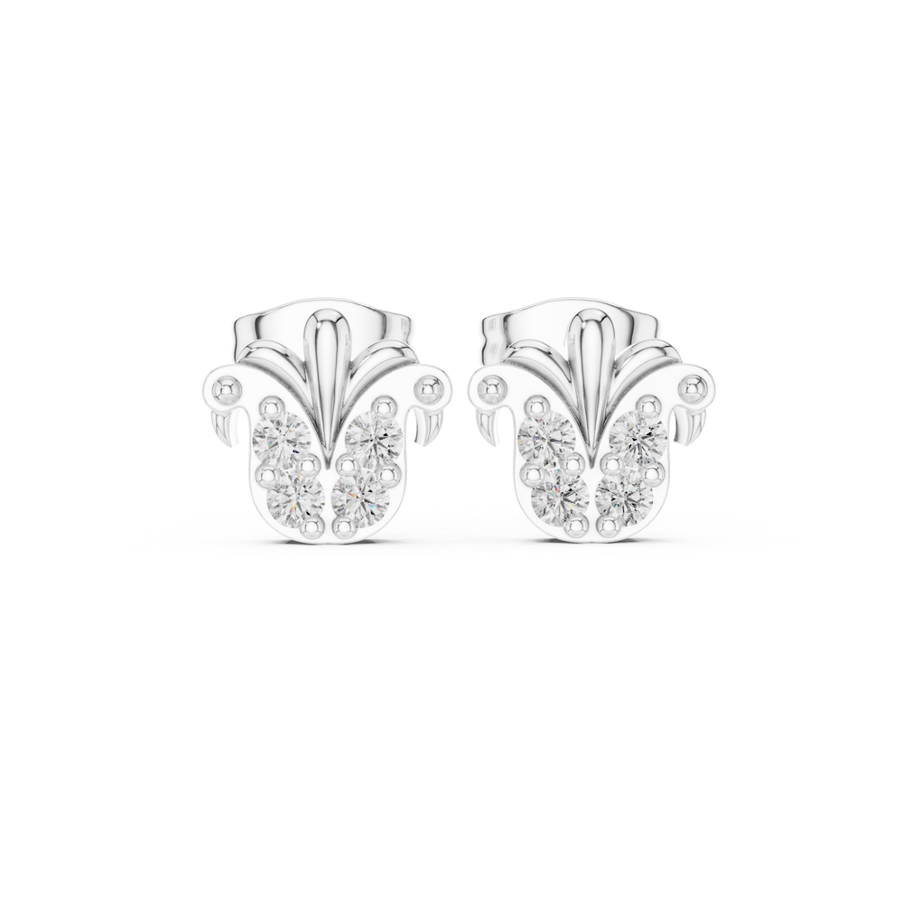 Peacock tail fan stud earrings with decorative fan top and round stone cluster base