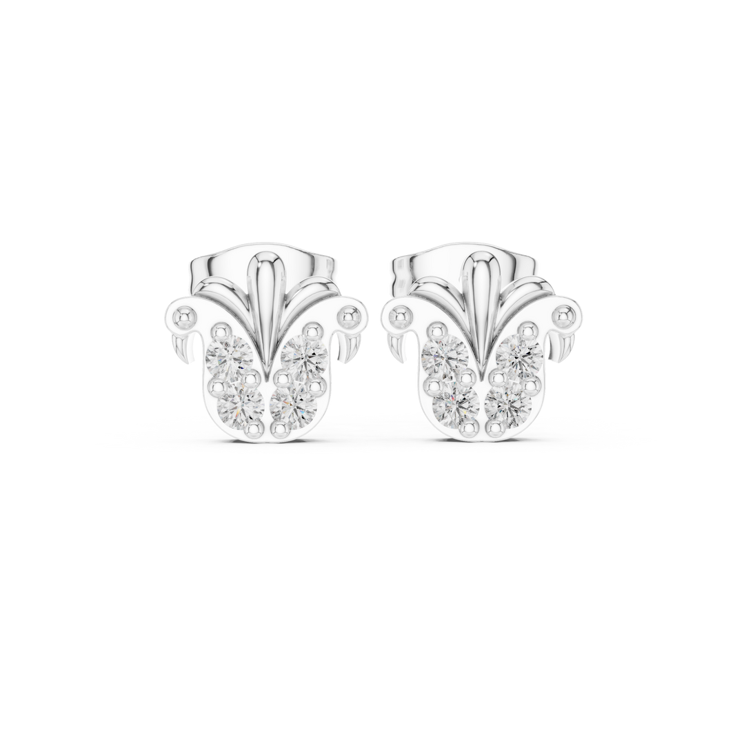 Peacock tail fan stud earrings with decorative fan top and round stone cluster base