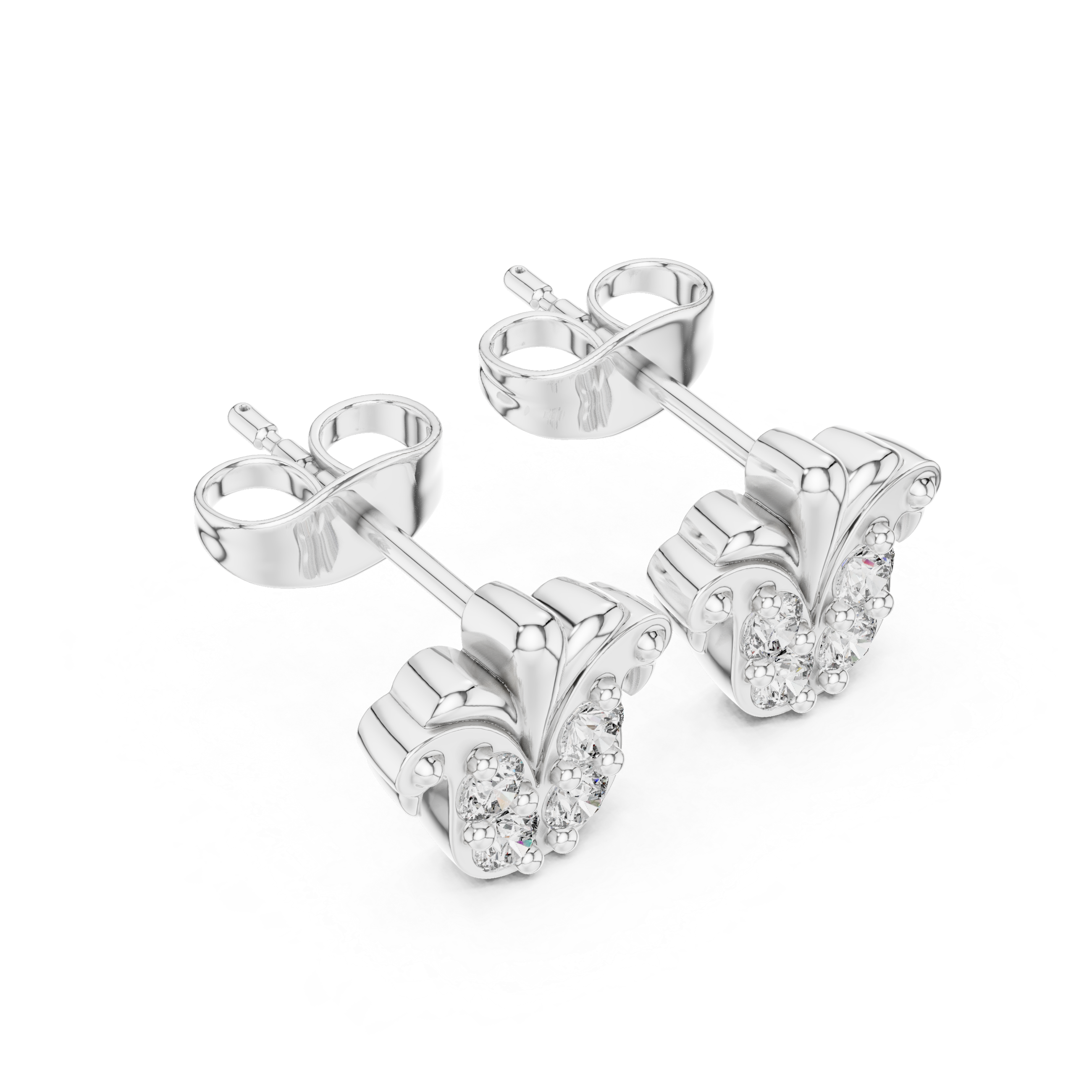 Peacock tail fan stud earrings with decorative fan top and round stone cluster base