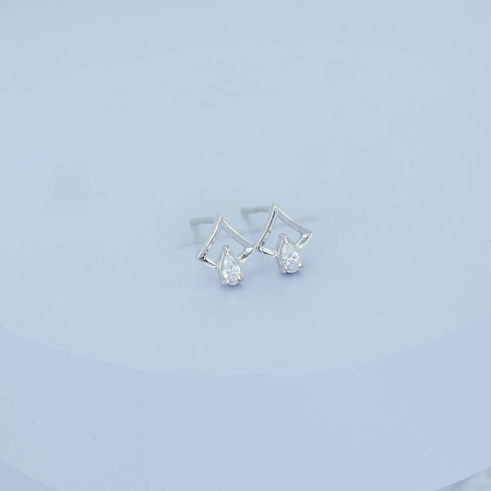 Pear drop chevron frame stud earrings with open angular top and raised stone base