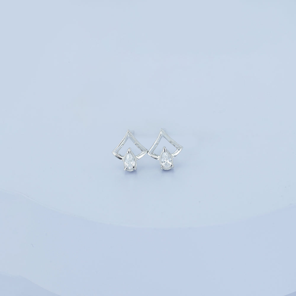 Pear drop chevron frame stud earrings with open angular top and raised stone base