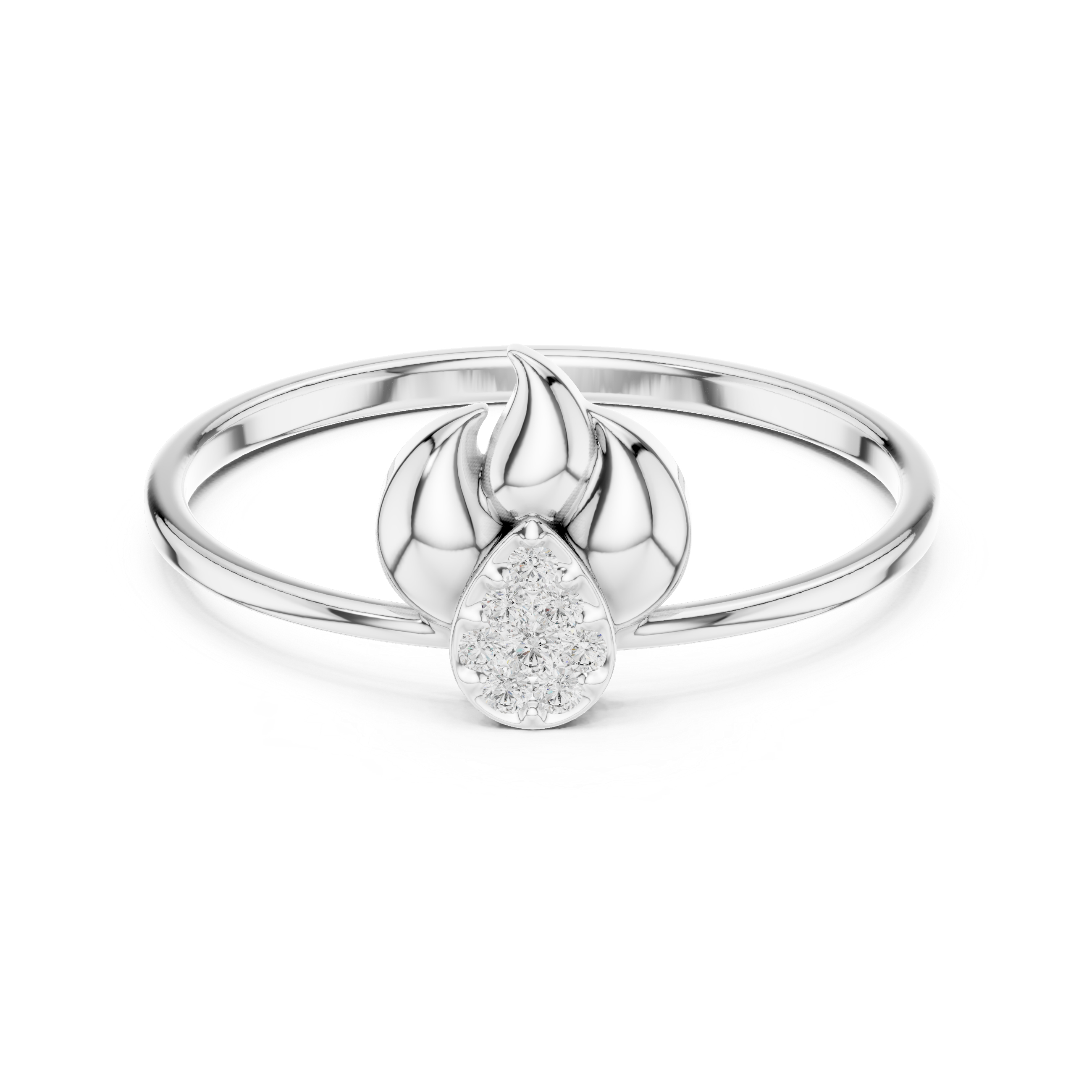 Pear drop flame Ring with sculpted petal top and pave teardrop centre