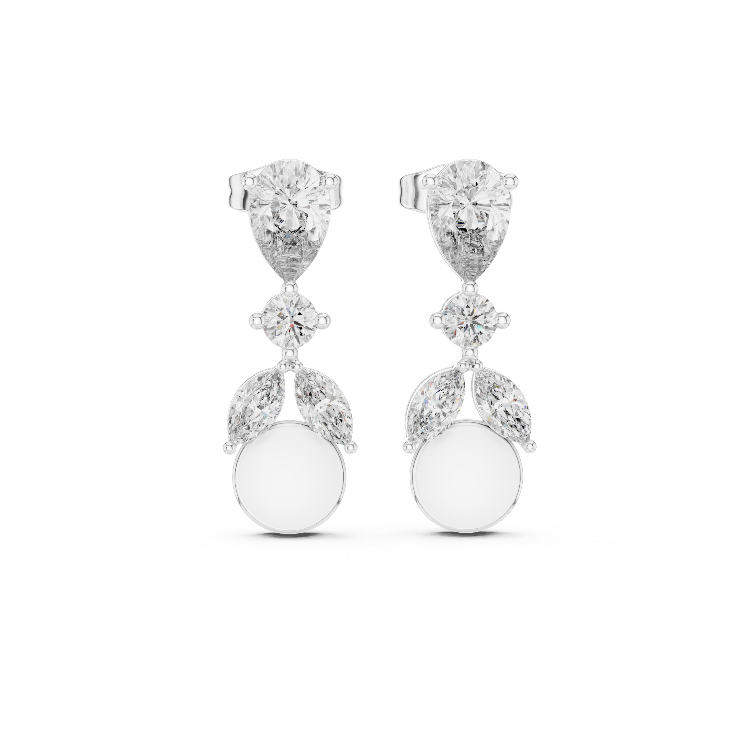 Pearl and stone floral drop earrings with pear stud top, round stone link, marquise leaf cluster and round pearl drop