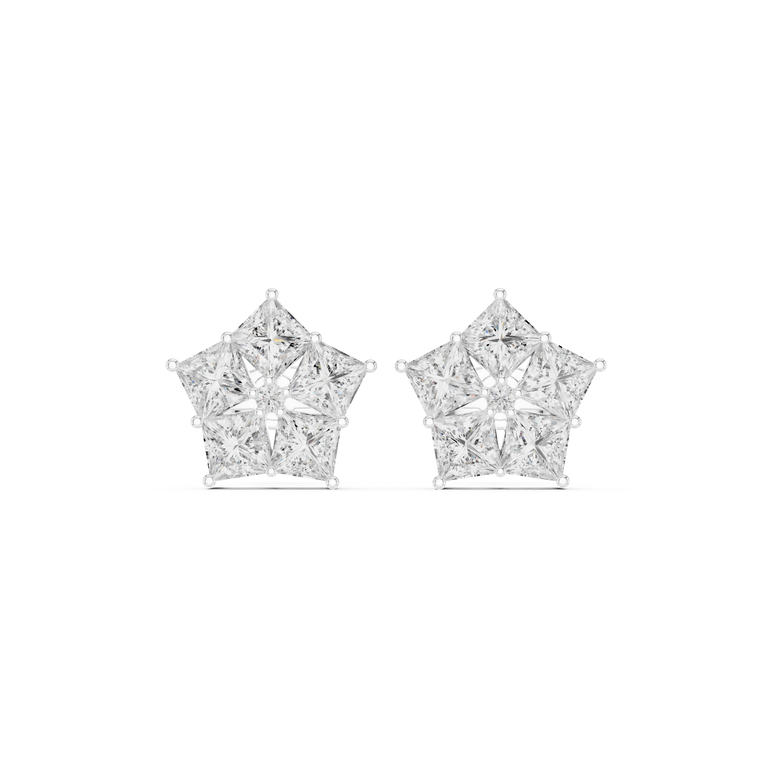Five kite-shaped stones arranged in a pentagon star cluster stud earring