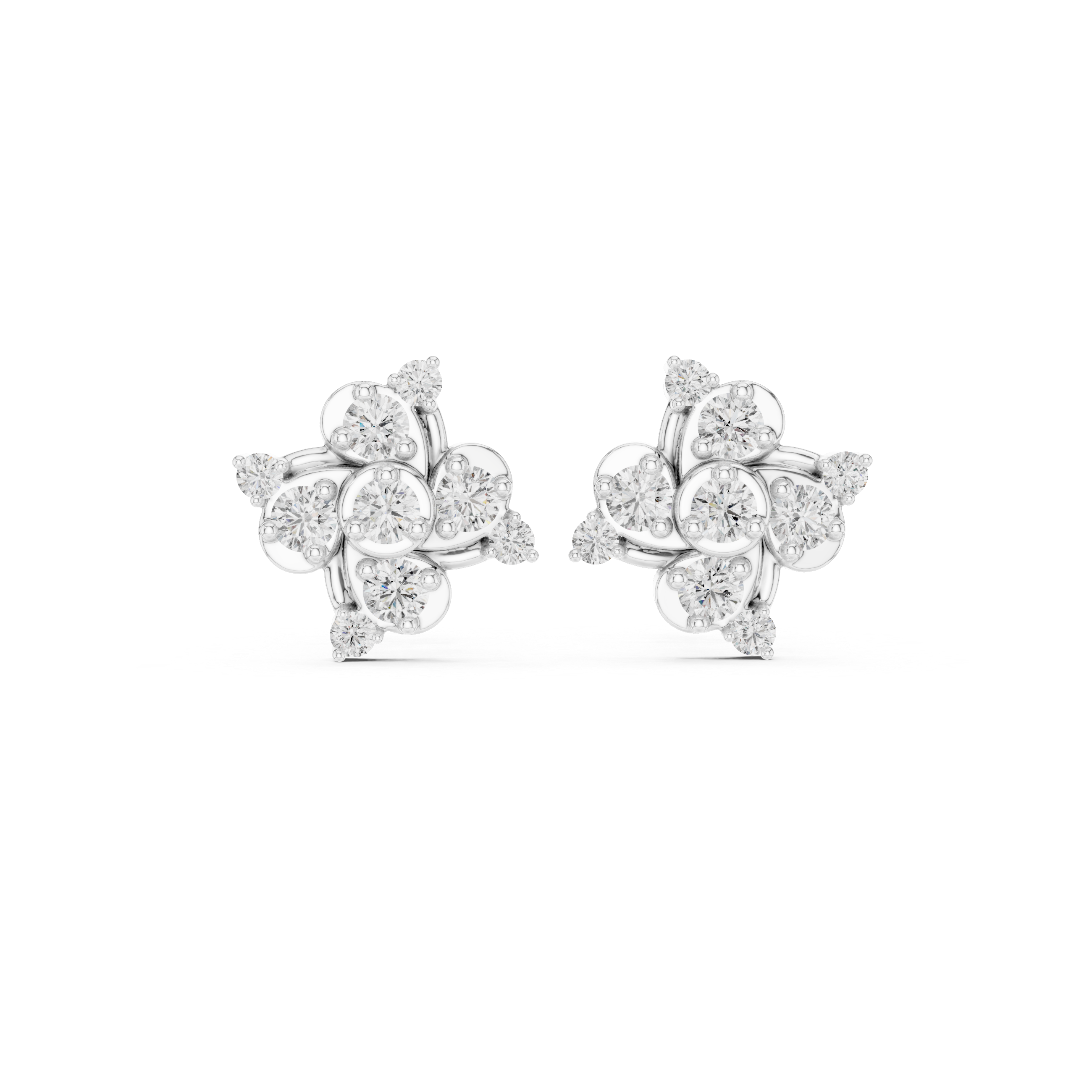 Pinwheel floral cluster stud earrings with three bezel set round stones in swirling pinwheel arrangement with pear stone accents