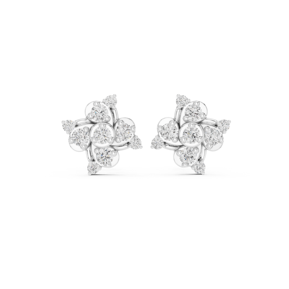 Pinwheel floral cluster stud earrings with three bezel set round stones in swirling pinwheel arrangement with pear stone accents