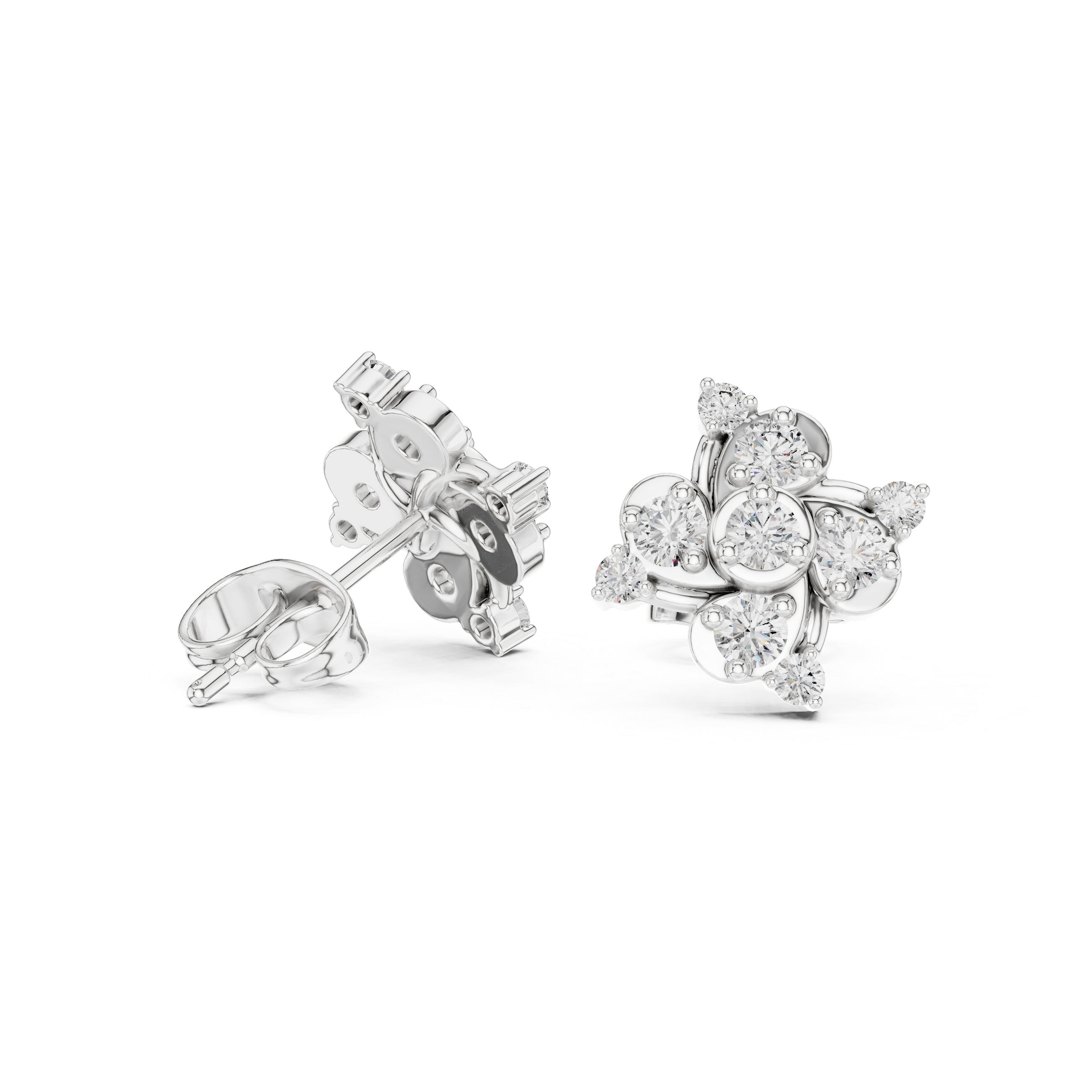 Pinwheel floral cluster stud earrings with three bezel set round stones in swirling pinwheel arrangement with pear stone accents