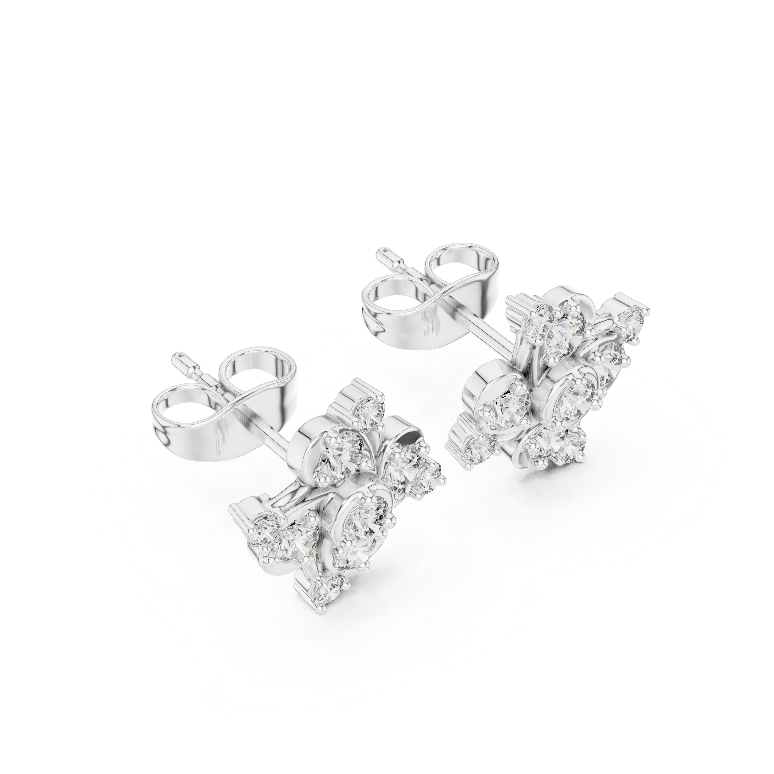 Pinwheel floral cluster stud earrings with three bezel set round stones in swirling pinwheel arrangement with pear stone accents