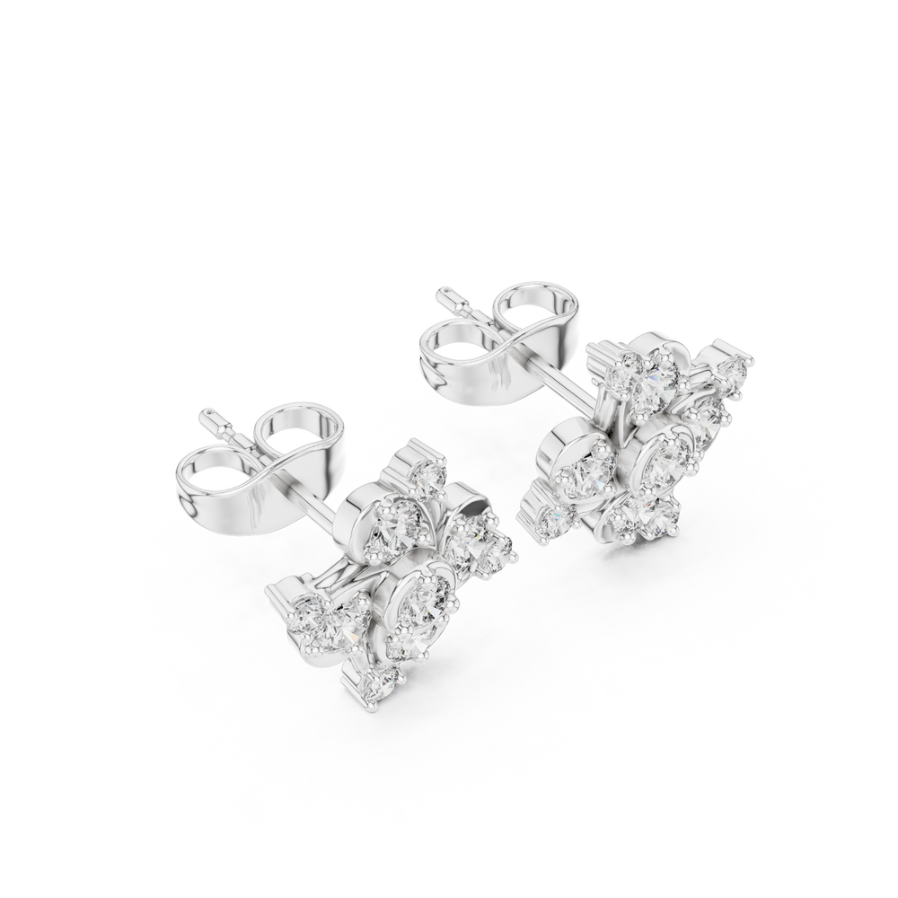 Pinwheel floral cluster stud earrings with three bezel set round stones in swirling pinwheel arrangement with pear stone accents