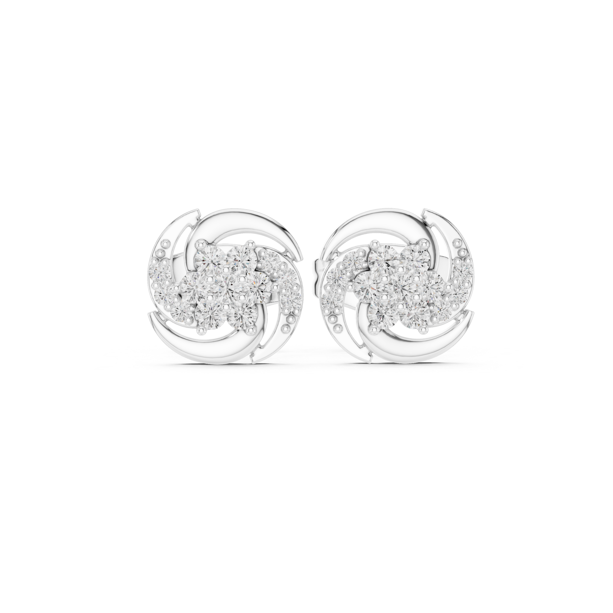 Round brilliant cluster stud earrings with a pinwheel swirl of polished curved arms framing the centre cluster
