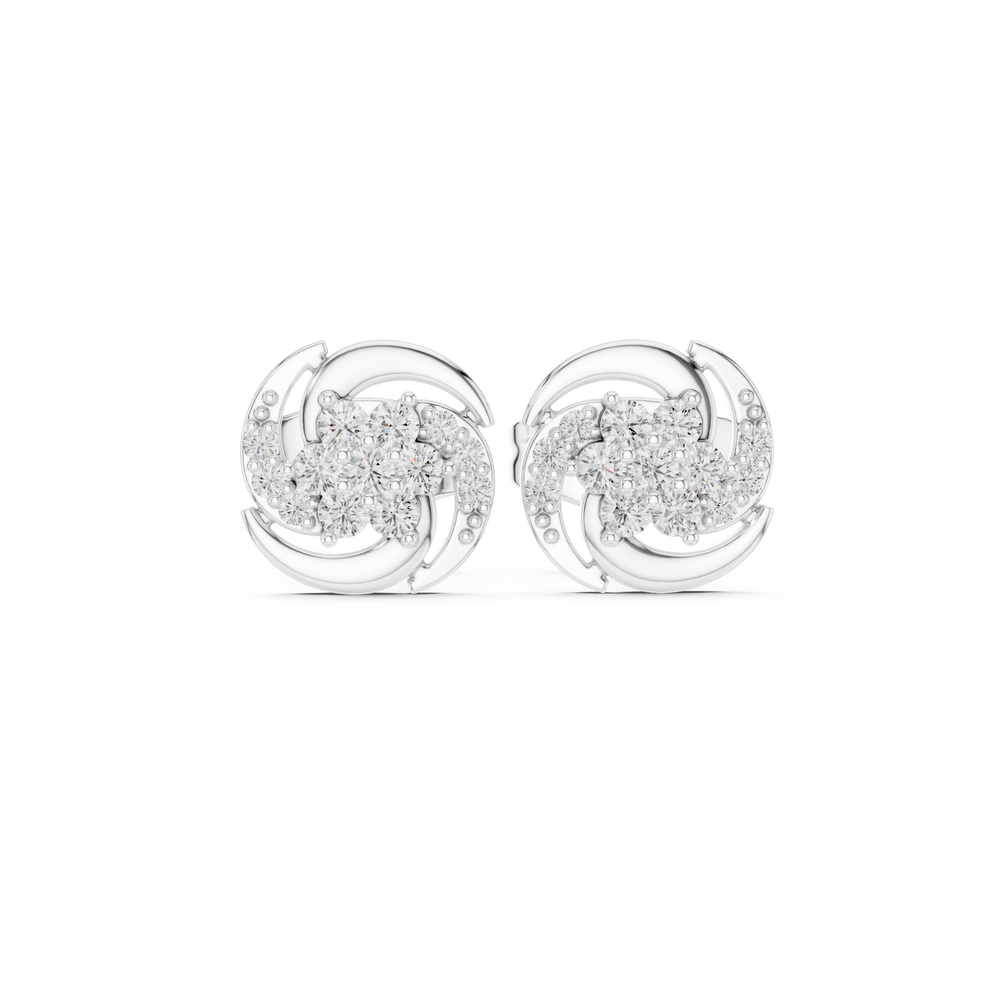 Round brilliant cluster stud earrings with a pinwheel swirl of polished curved arms framing the centre cluster