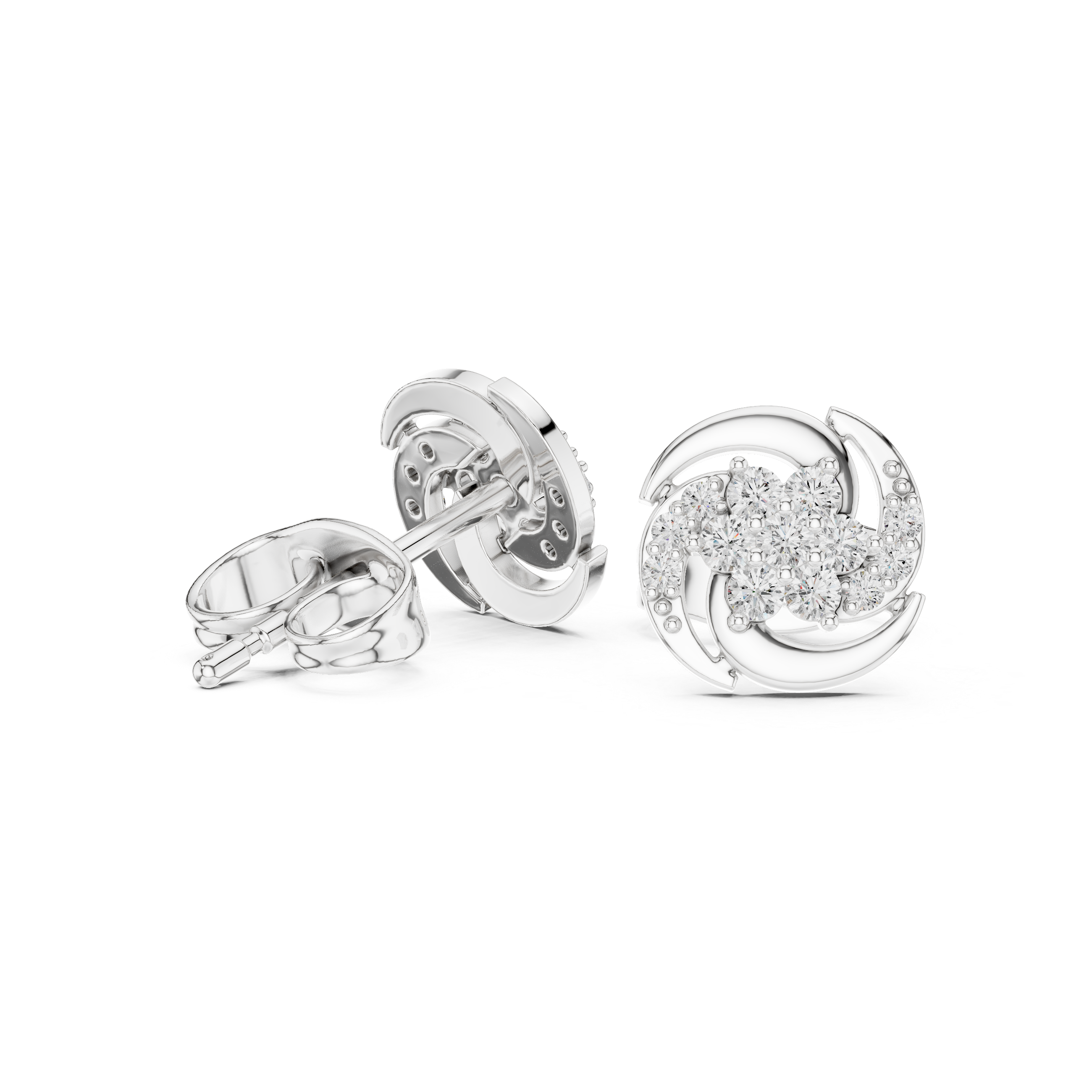 Round brilliant cluster stud earrings with a pinwheel swirl of polished curved arms framing the centre cluster