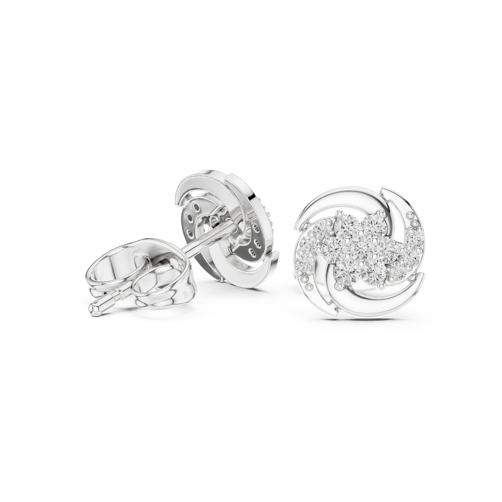 Round brilliant cluster stud earrings with a pinwheel swirl of polished curved arms framing the centre cluster