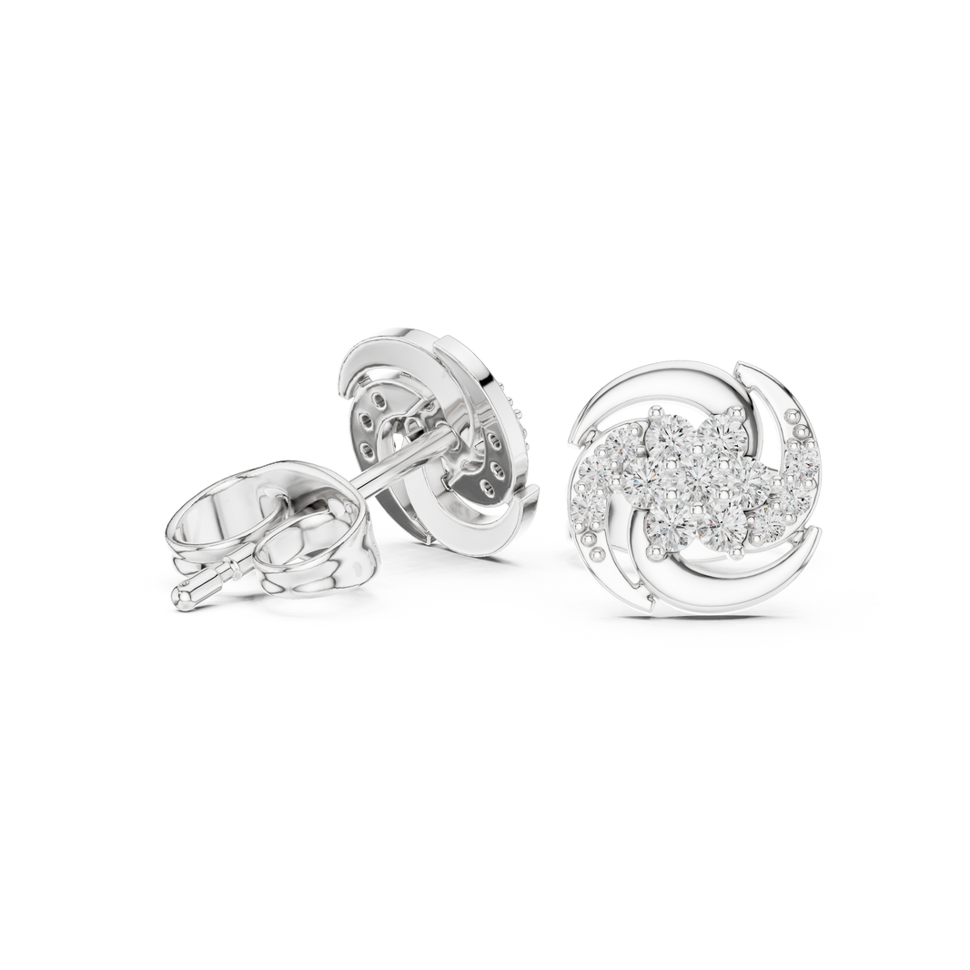 Round brilliant cluster stud earrings with a pinwheel swirl of polished curved arms framing the centre cluster