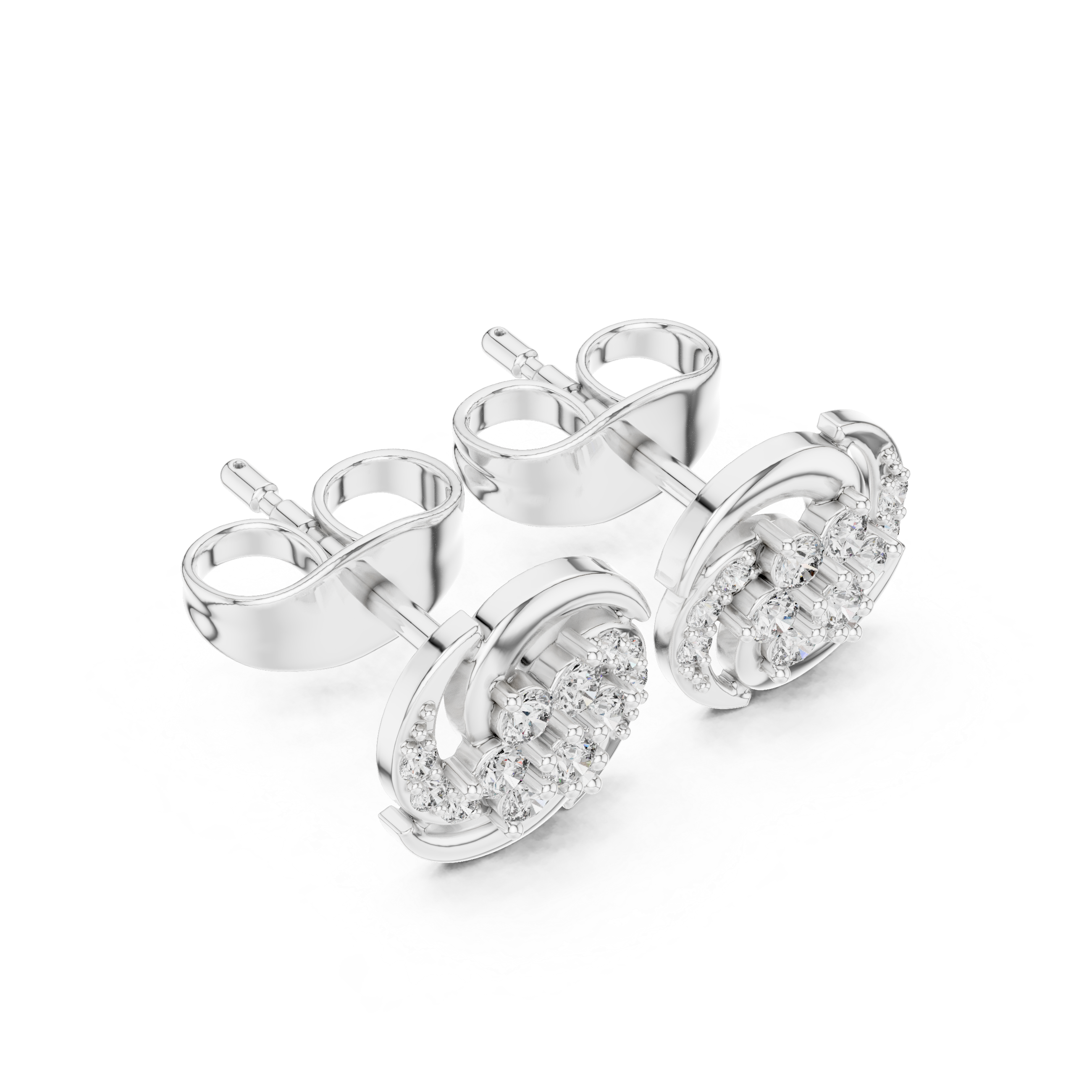 Round brilliant cluster stud earrings with a pinwheel swirl of polished curved arms framing the centre cluster