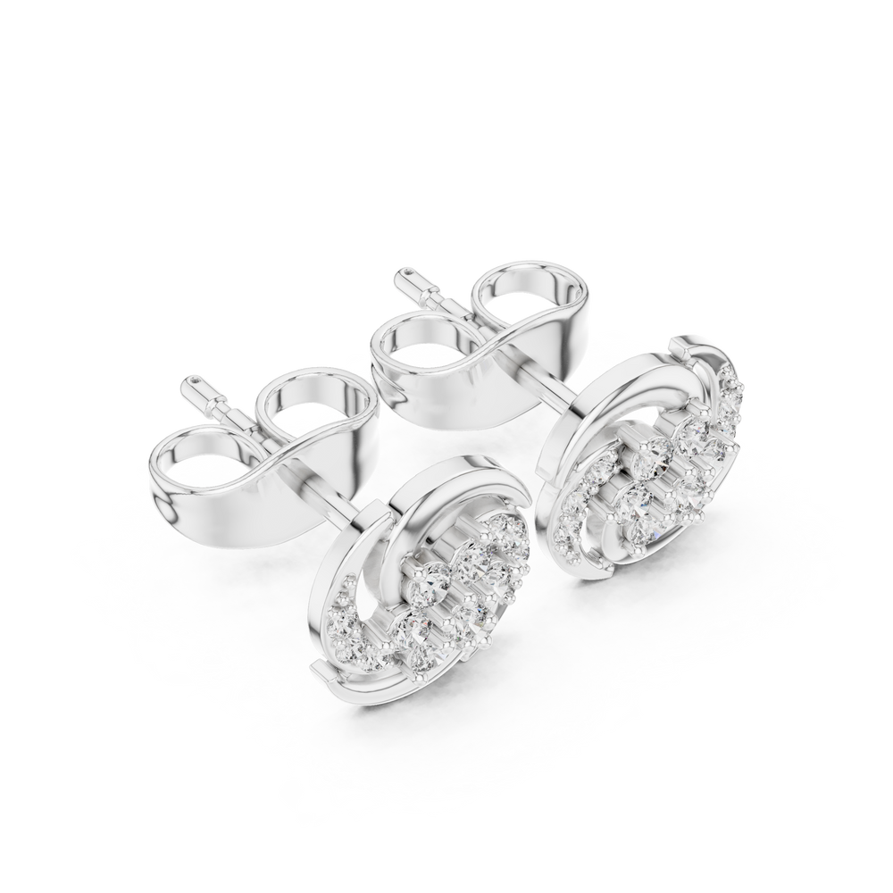 Round brilliant cluster stud earrings with a pinwheel swirl of polished curved arms framing the centre cluster