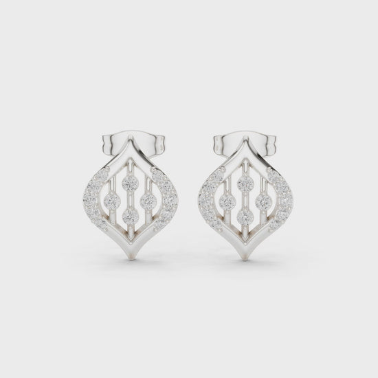Leaf filigree pave diamond stud earrings with open lattice design and push back setting