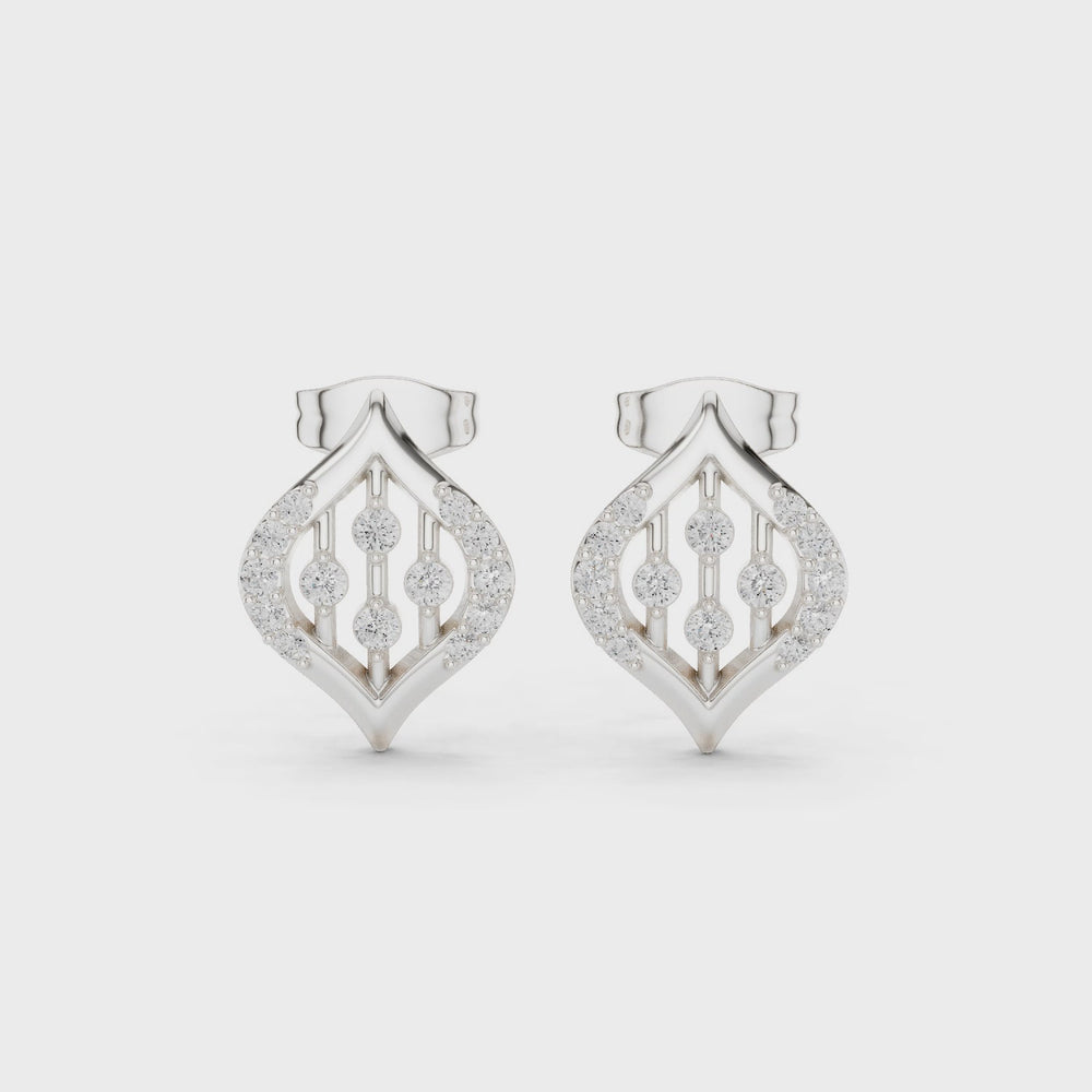 Leaf filigree pave diamond stud earrings with open lattice design and push back setting
