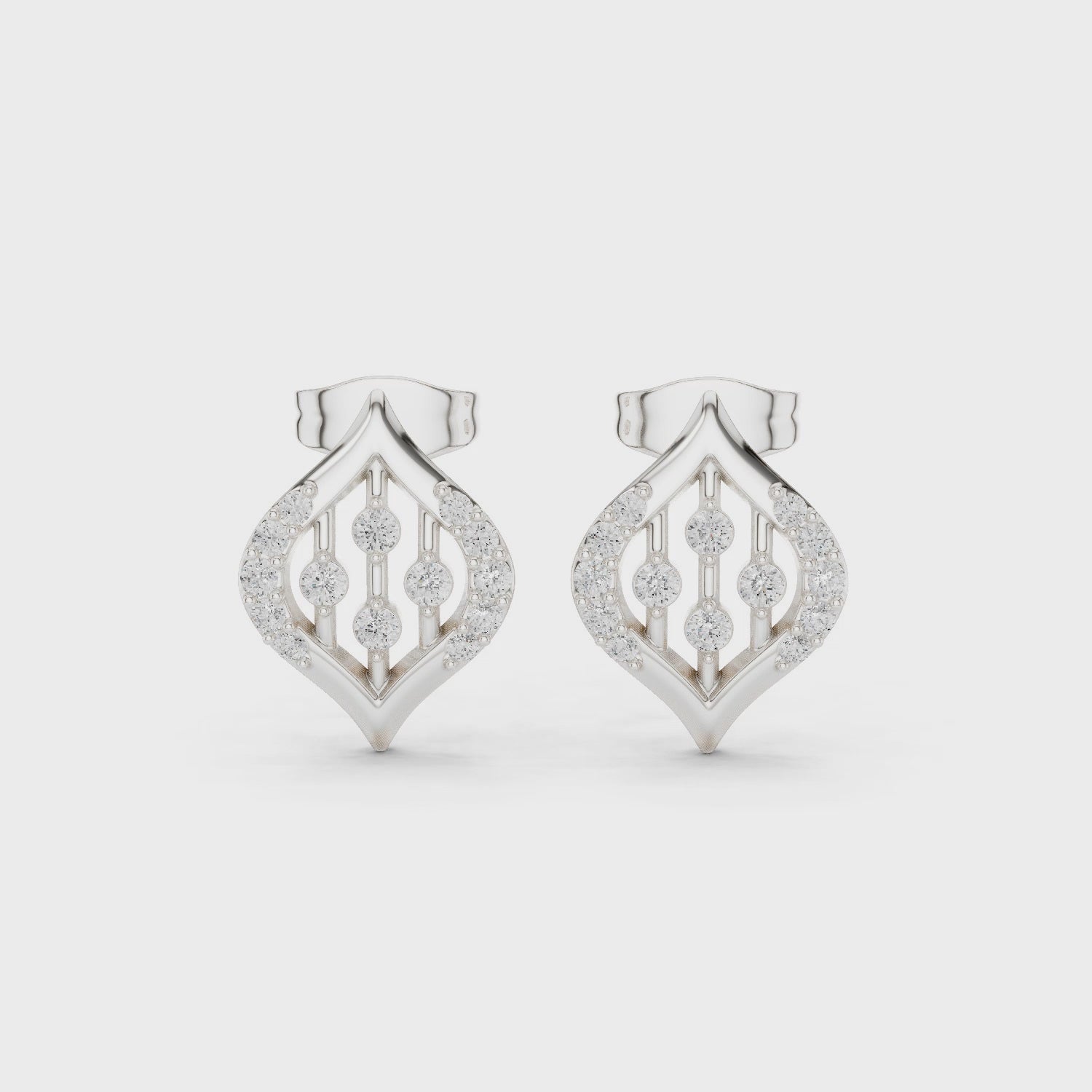 Leaf filigree pave diamond stud earrings with open lattice design and push back setting