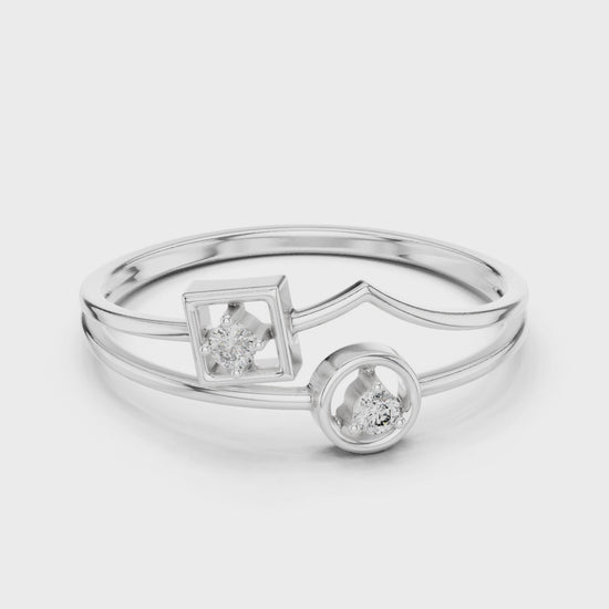 Geometric square and circle dual diamond solitaire ring with double band