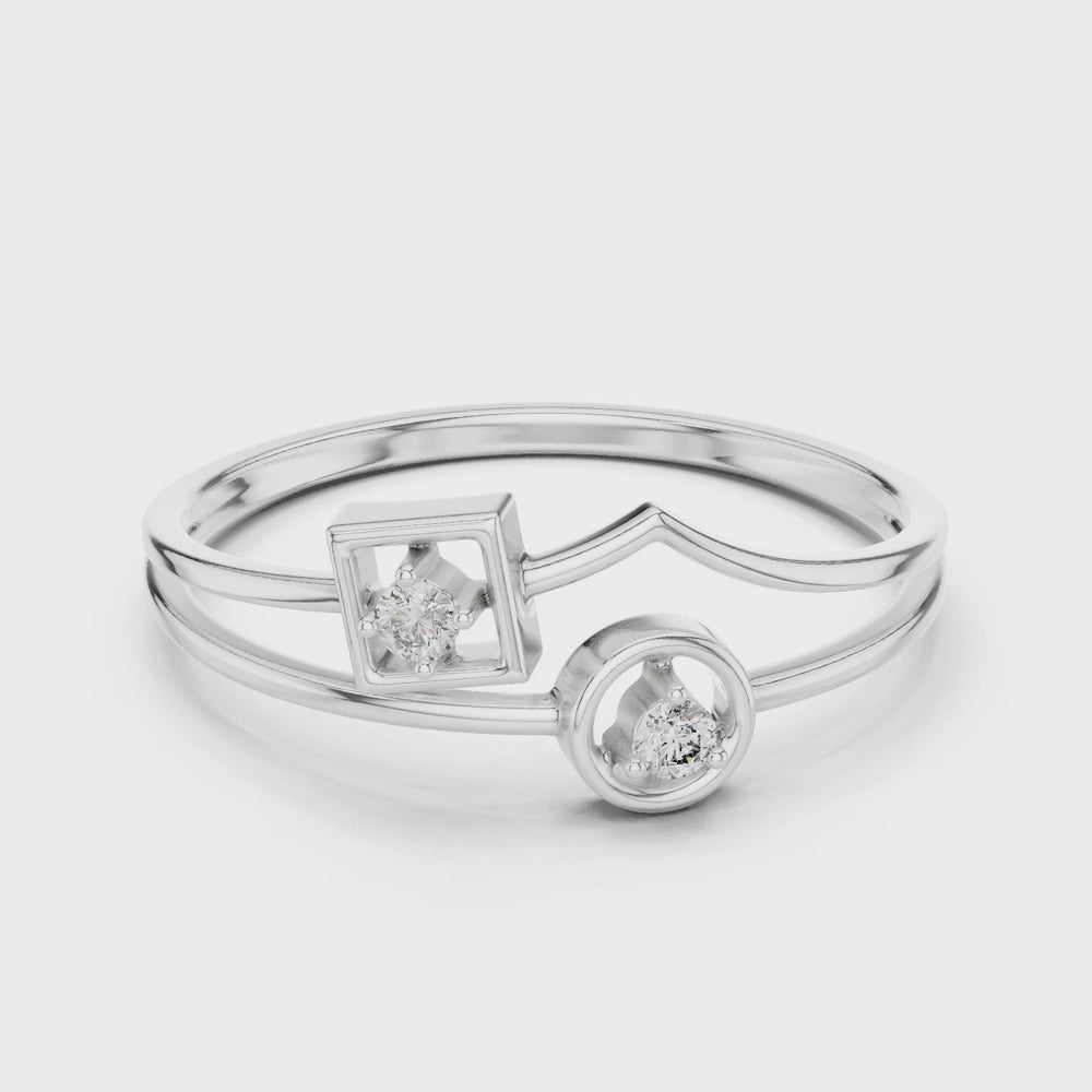 Geometric square and circle dual diamond solitaire ring with double band