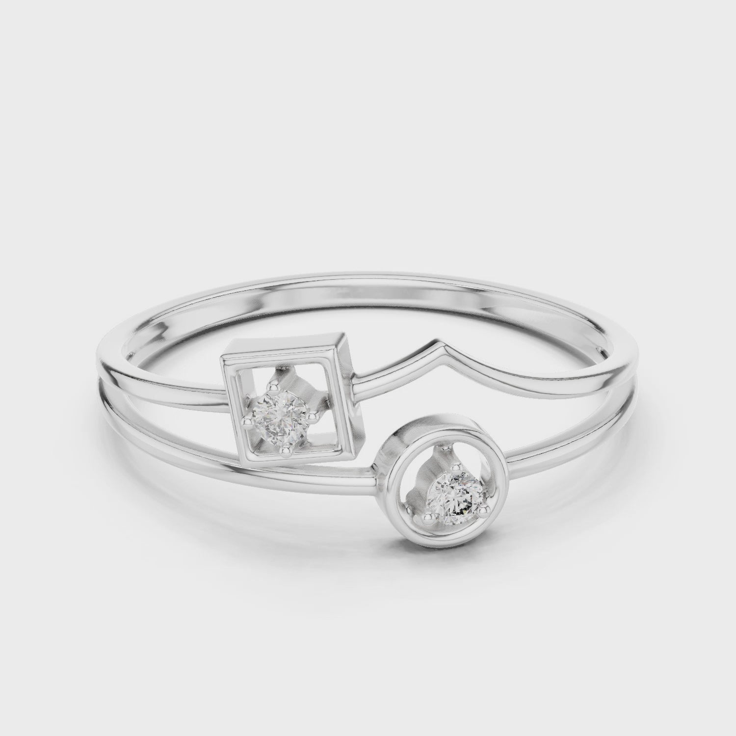 Geometric square and circle dual diamond solitaire ring with double band