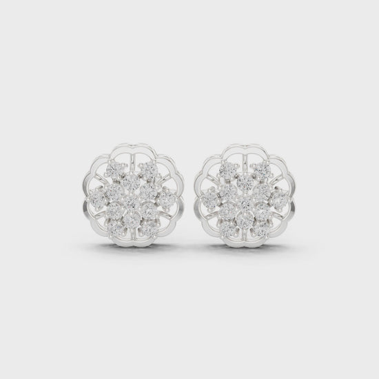 Triple floral cluster stud earrings with open lattice and sparkling stone detailing
