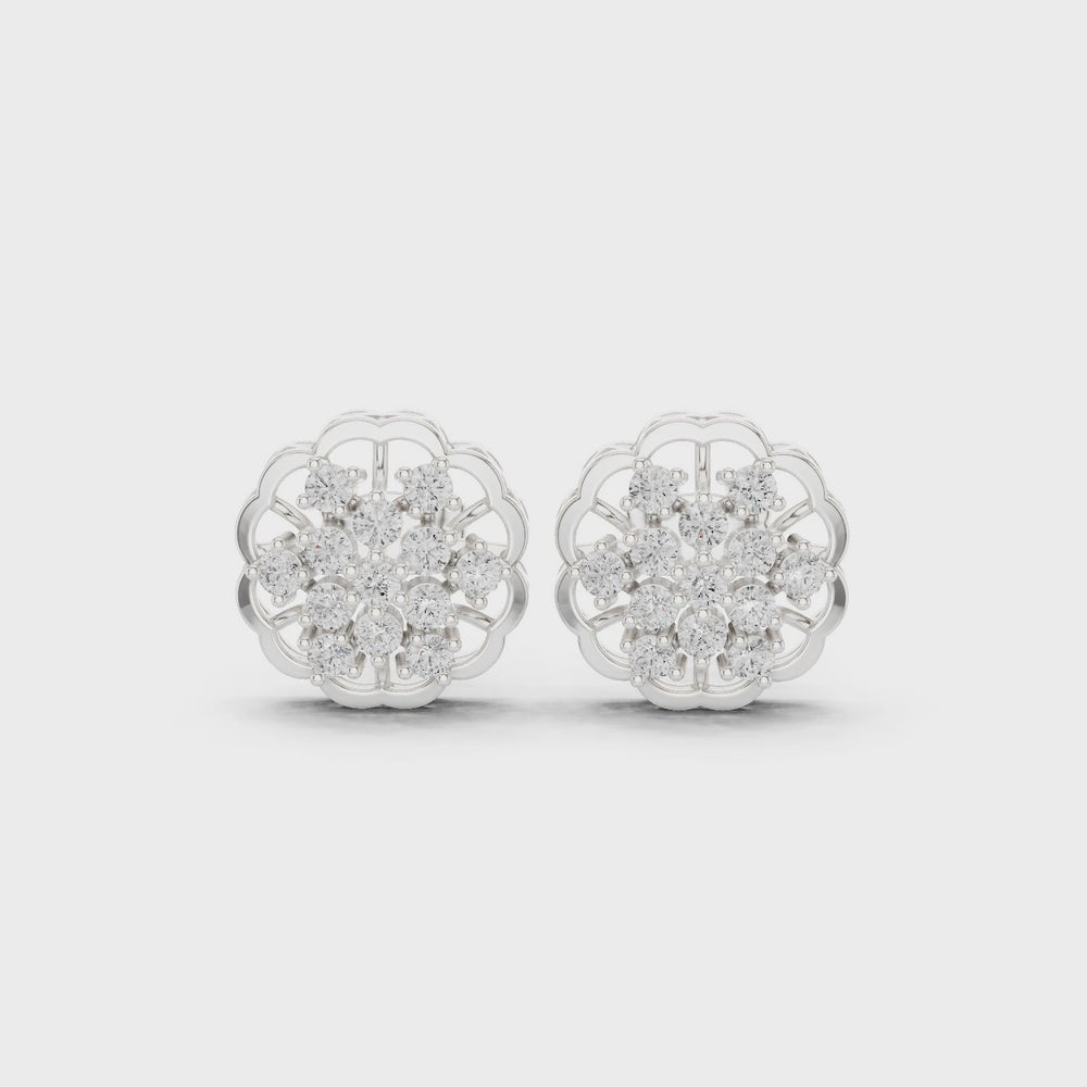 Triple floral cluster stud earrings with open lattice and sparkling stone detailing