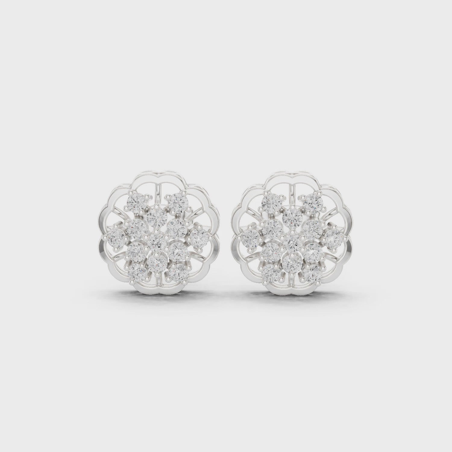 Triple floral cluster stud earrings with open lattice and sparkling stone detailing