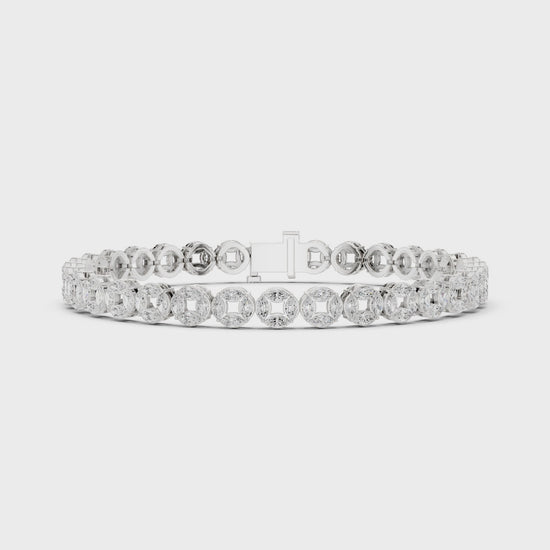 Men's silver tennis bracelet with alternating marquise and round diamonds in open circle links