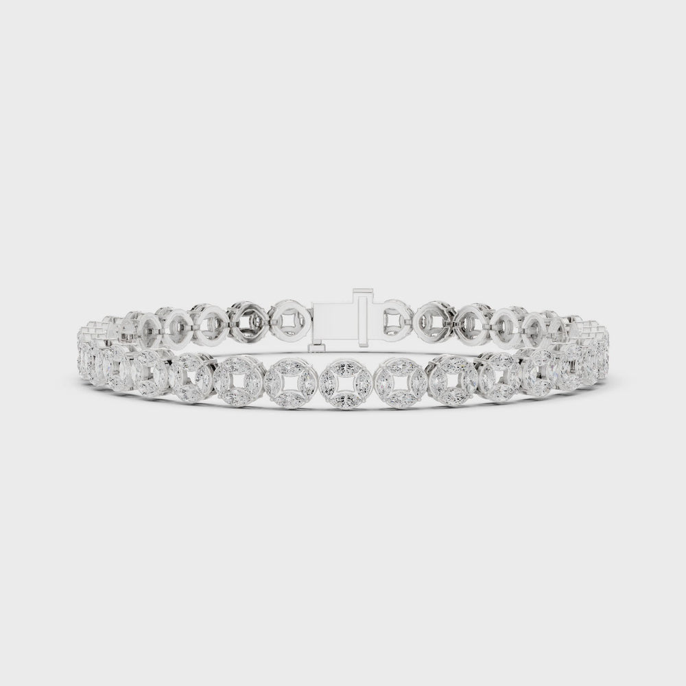Men's silver tennis bracelet with alternating marquise and round diamonds in open circle links