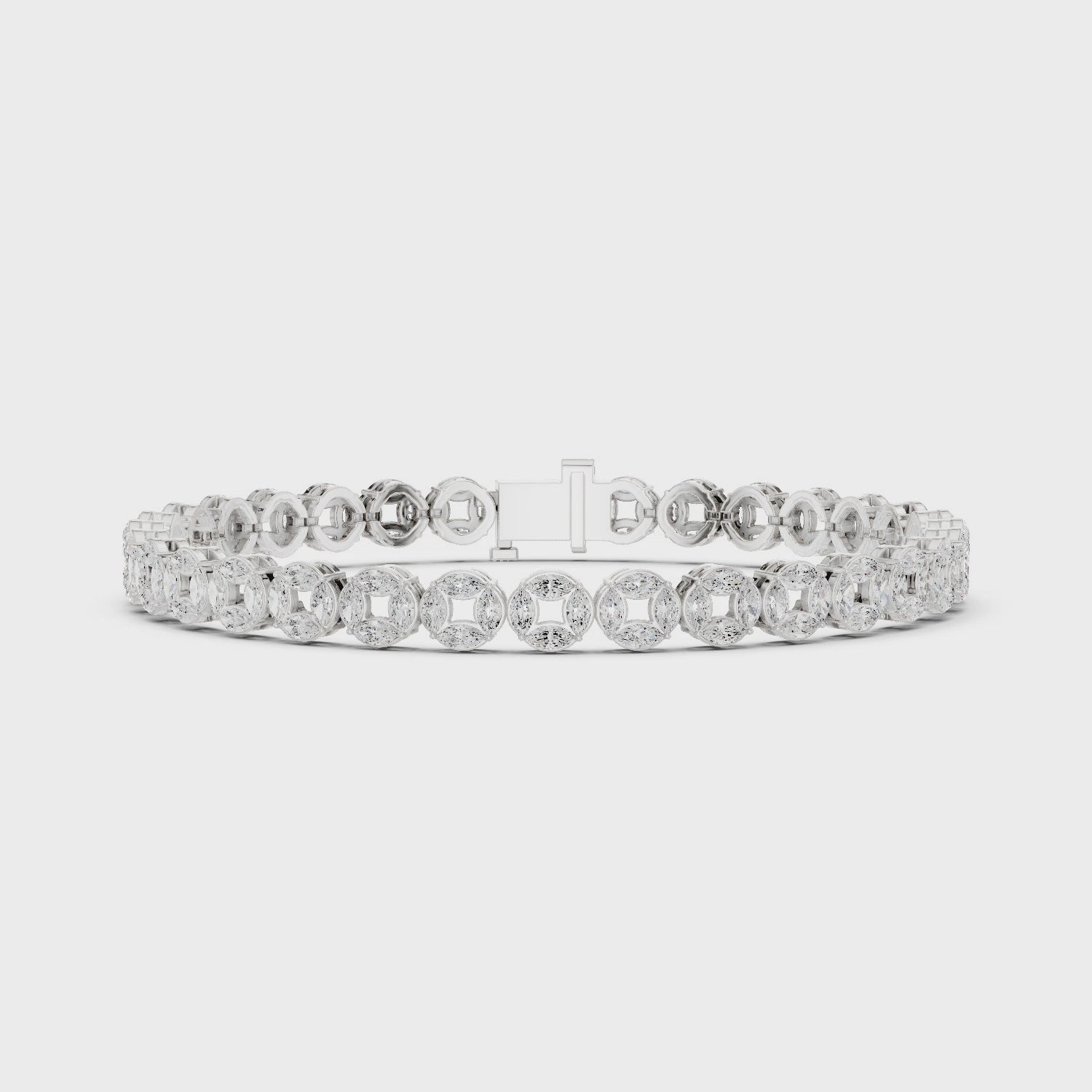 Men's silver tennis bracelet with alternating marquise and round diamonds in open circle links