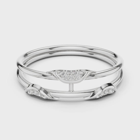 Triple band leaf design diamond ring with pave setting and bar connector