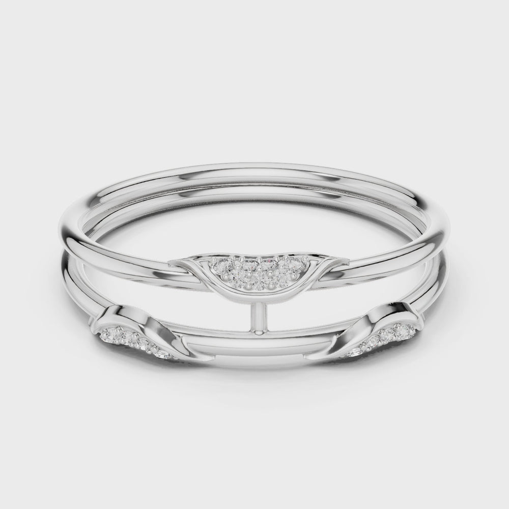 Triple band leaf design diamond ring with pave setting and bar connector