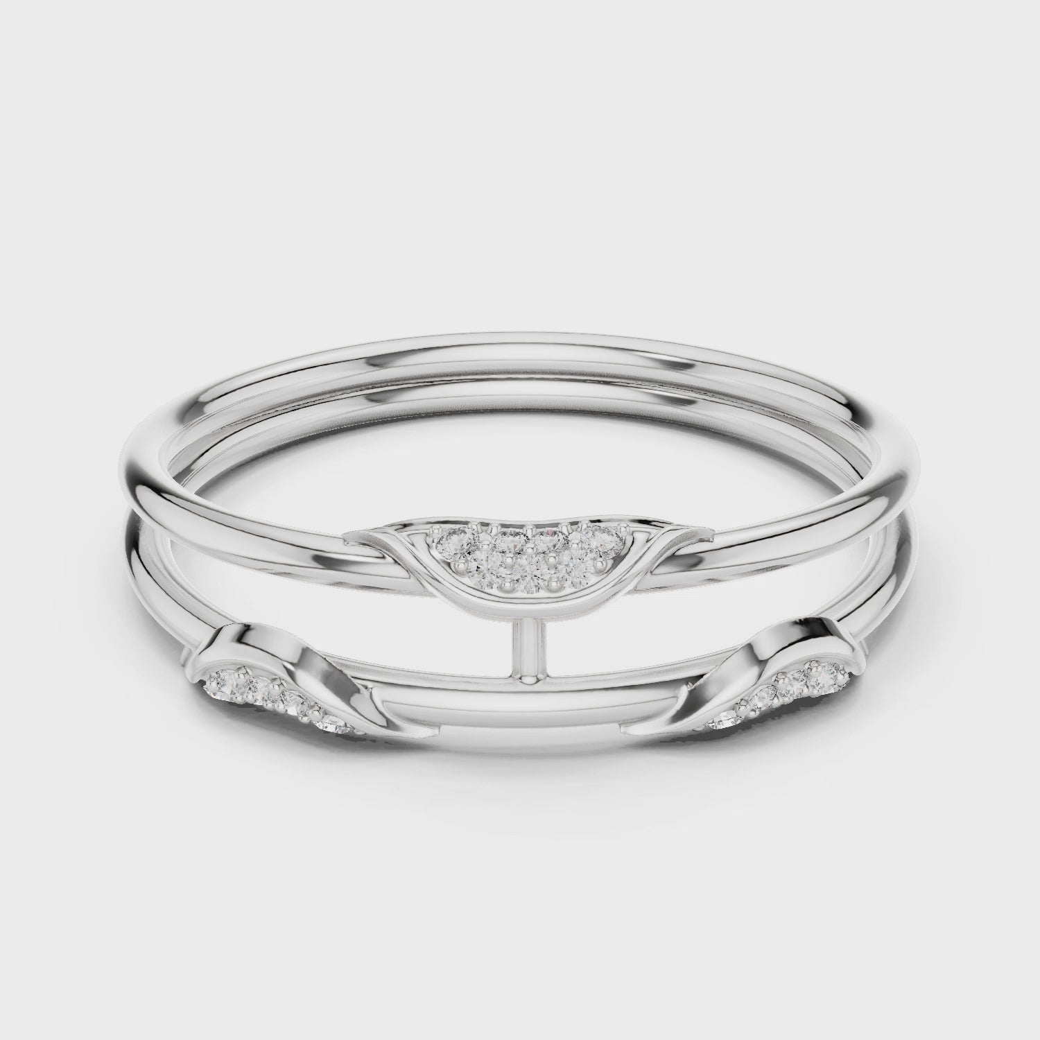 Triple band leaf design diamond ring with pave setting and bar connector