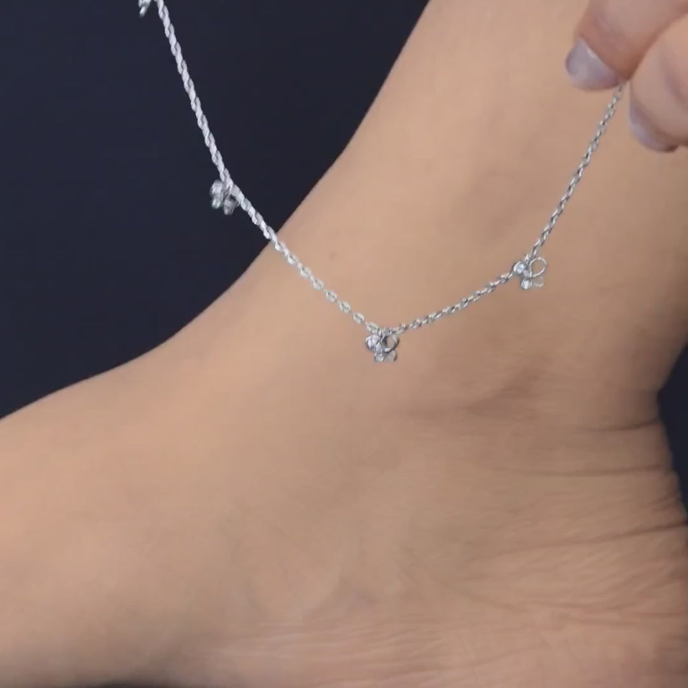 Butterfly charm anklet with delicate chain and five dangling butterfly shaped stone charms