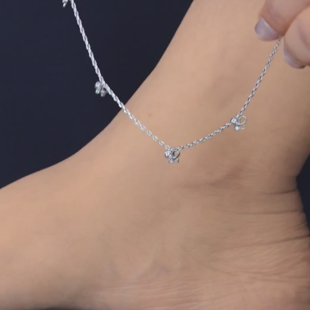 Butterfly charm anklet with delicate chain and five dangling butterfly shaped stone charms