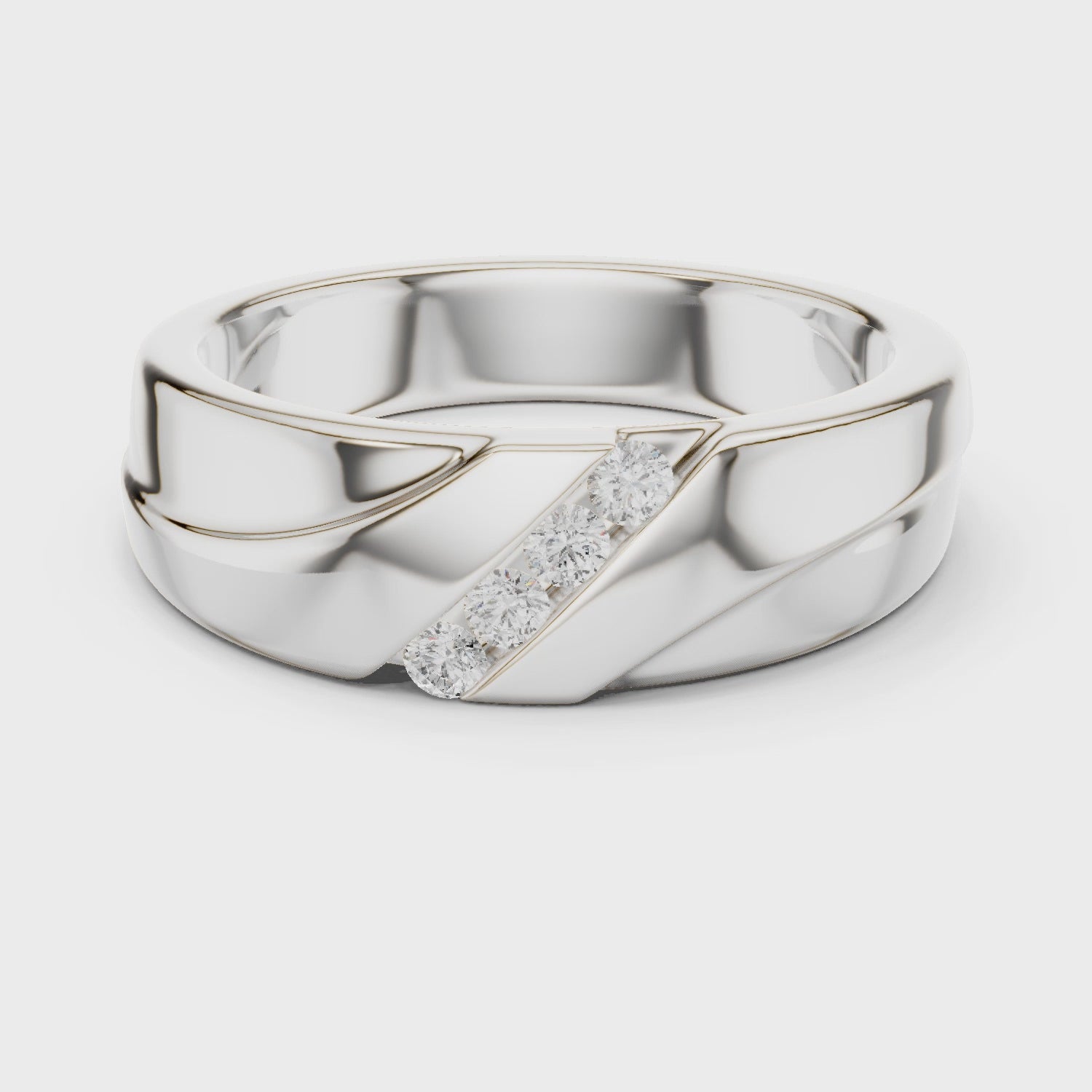 Trio channel band mens ring with bold polished grooved shank