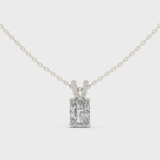 Radiant cut solitaire diamond pendant necklace with pave bail setting