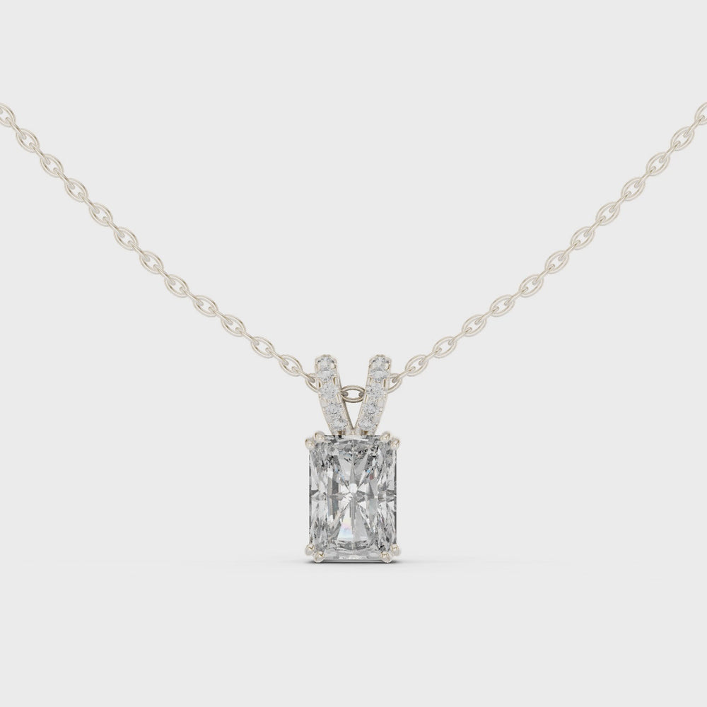 Radiant cut solitaire diamond pendant necklace with pave bail setting