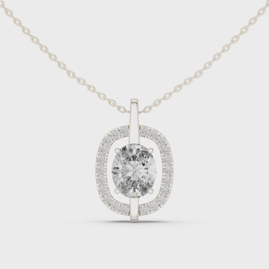 Oval halo pave diamond pendant necklace with round brilliant solitaire centre stone