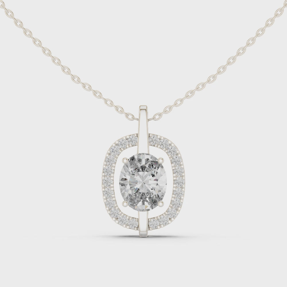 Oval halo pave diamond pendant necklace with round brilliant solitaire centre stone