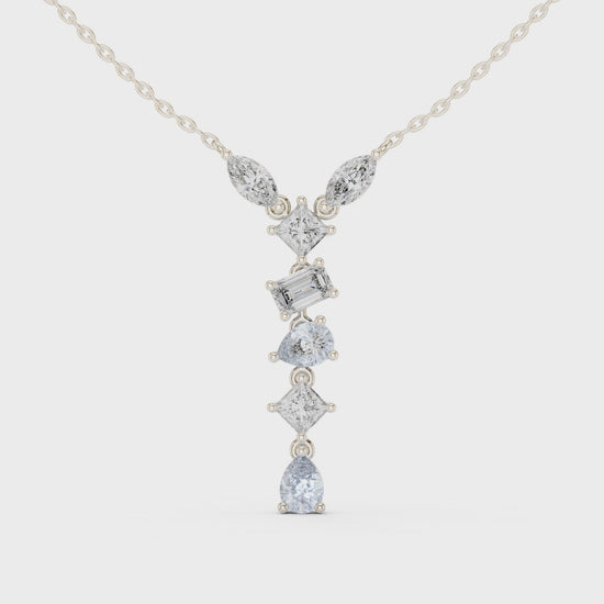 Multi shape journey diamond drop necklace with marquise, emerald, cushion and pear cut stones