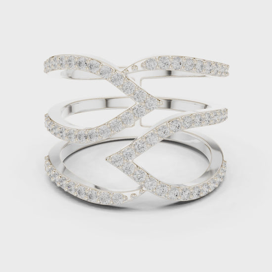 Triple wave intertwined full pave diamond cocktail ring with open design