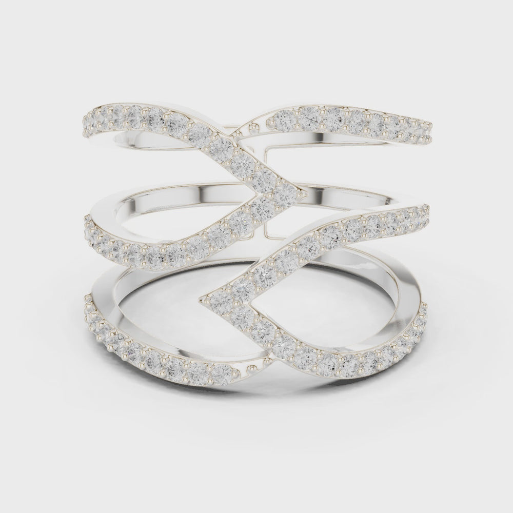 Triple wave intertwined full pave diamond cocktail ring with open design