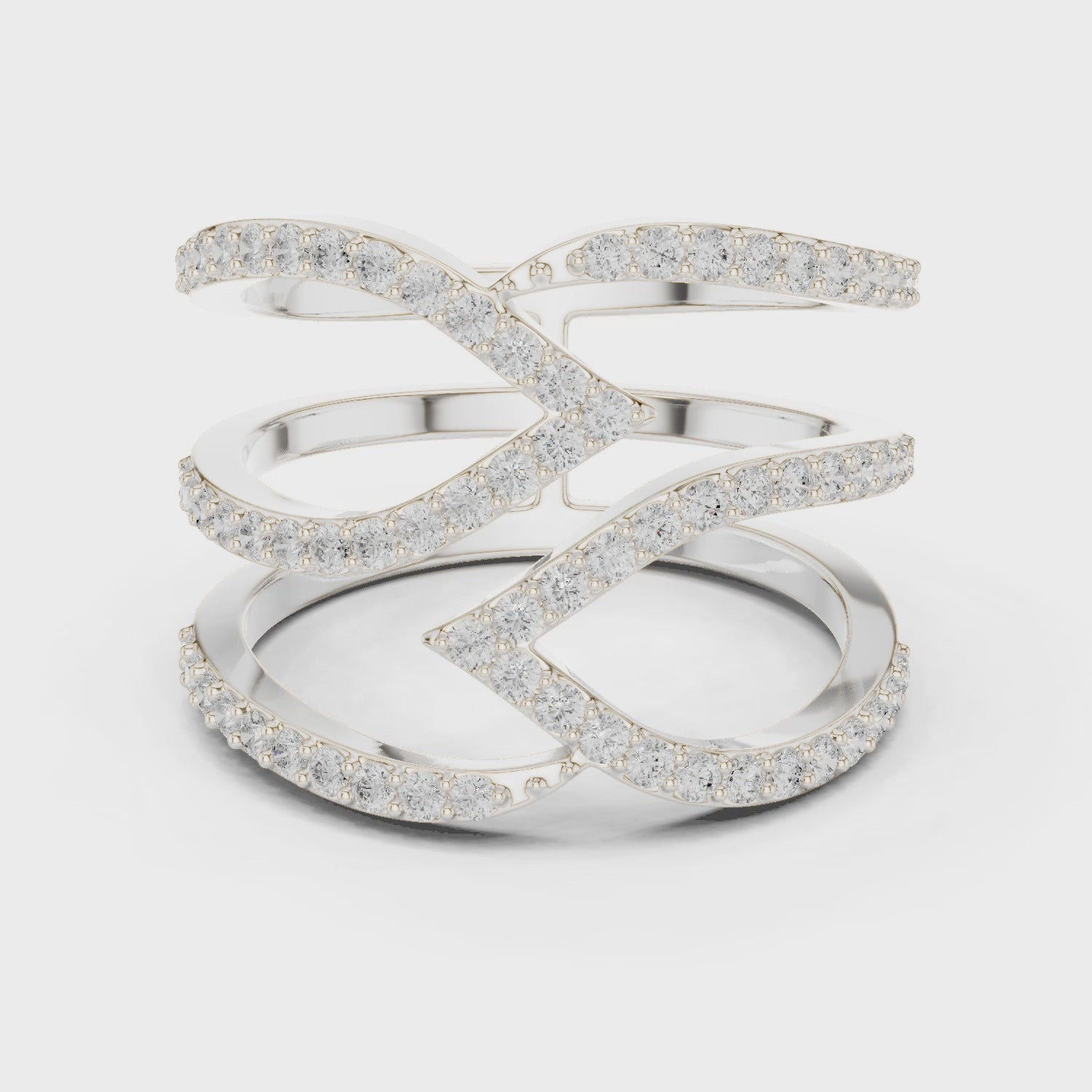Triple wave intertwined full pave diamond cocktail ring with open design