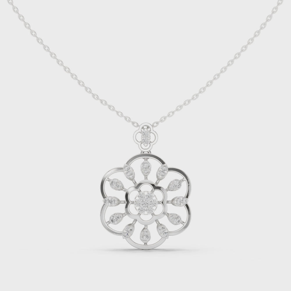 Silver chain necklace with open floral mandala pendant featuring diamond cluster center and pear-cut accents