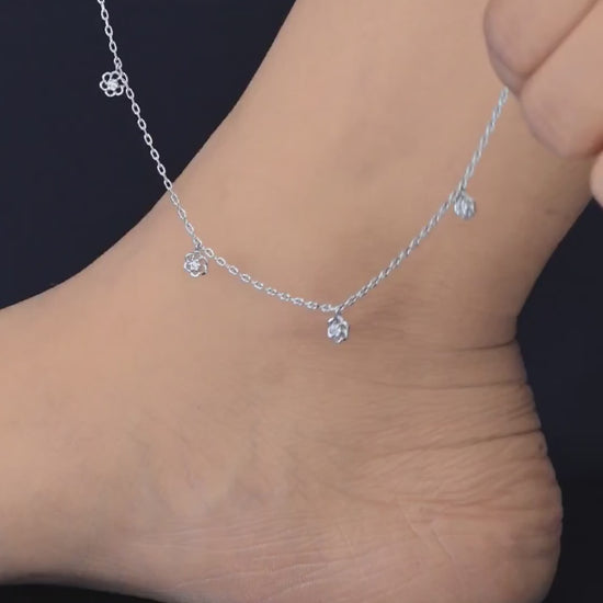  Floral charm anklet with delicate chain and five flower charm stations