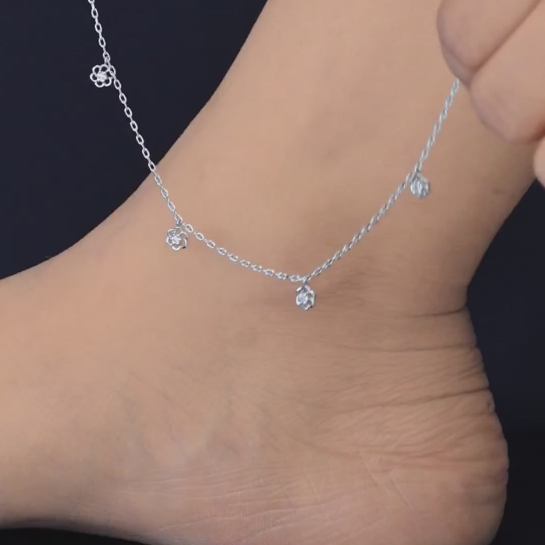  Floral charm anklet with delicate chain and five flower charm stations