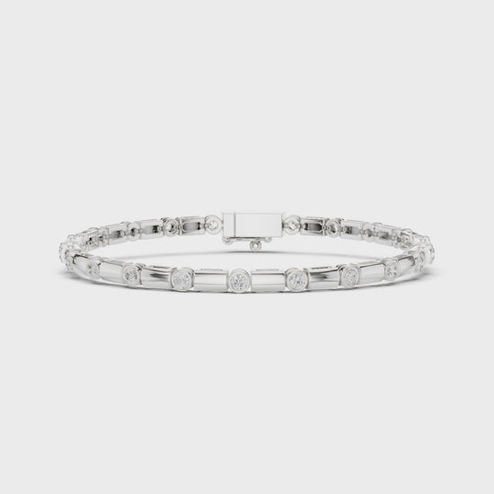 Men's silver tennis bracelet with alternating bezel-set round diamonds and rectangular bar links